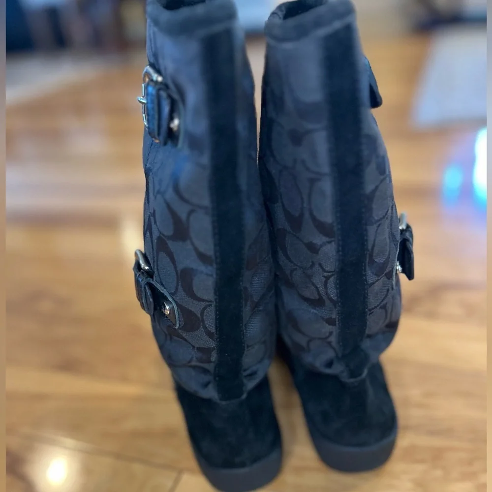 Coach Black Signature Patterned Suede Winter Lined Boots